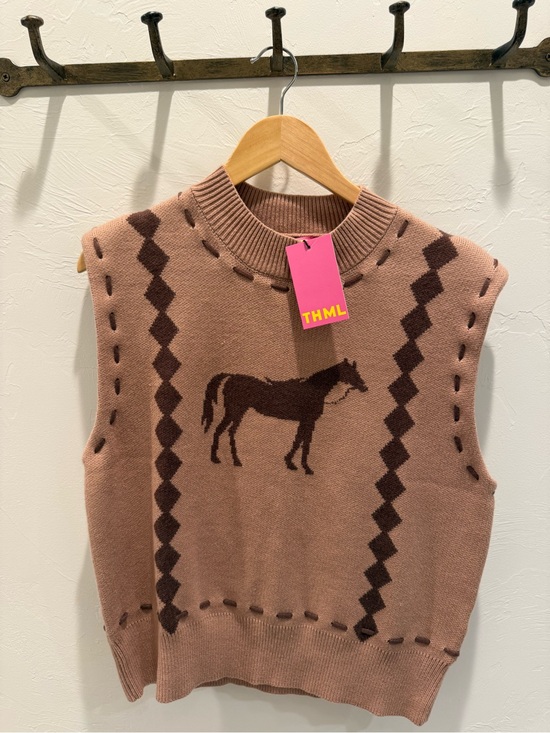 THML Sweaters - THML Pink Brown Horse Intarsia V-Neck Sweater Vest